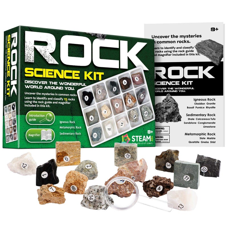XX Rock & Stone Collection 15 PCS with Collector Box, STEM Toy Science Kit Geology Mineral Specimens Gift Presents for Kid Geologists - Image 1